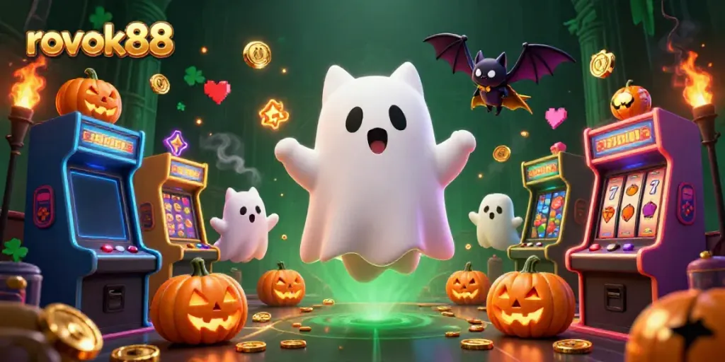 Rokok88 menampilkan kucing hantu 3D dan kelelawar vampir di kasino berhantu, penuh elemen slot.