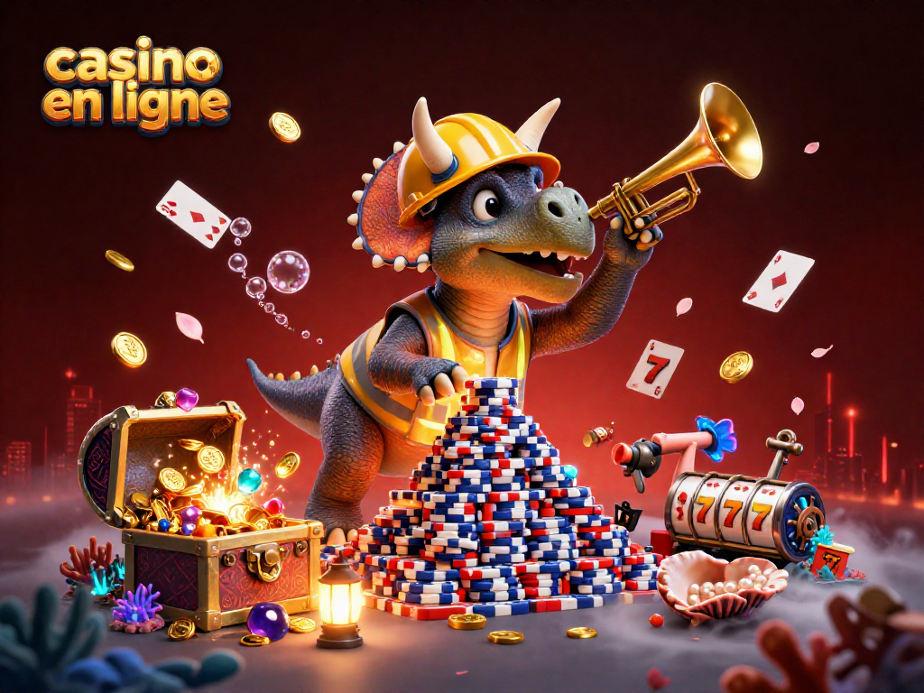Construire une pyramide de jetons au casino en ligne, un triceratops et des joyaux scintillants.