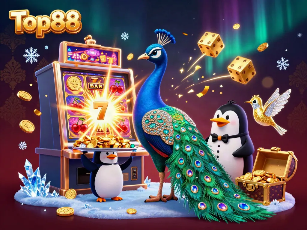 Experience the excitement of Top88 with a colorful gaming scene featuring a lavish peacock and casino elements.