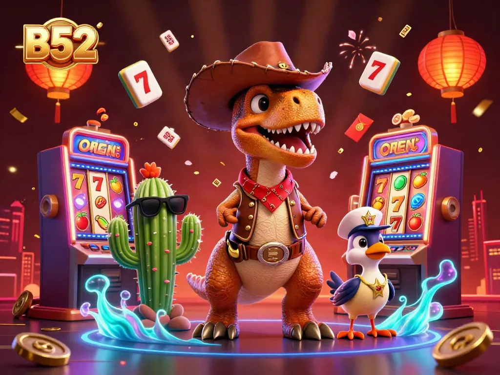 Engage with the thrilling B52 casino experience featuring a T-Rex and vibrant slot machines.