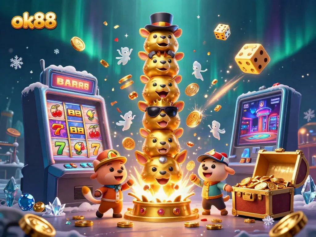 Spin the reels and win big at ok88 with a vibrant casino-themed 3D illustration featuring rich gaming elements.