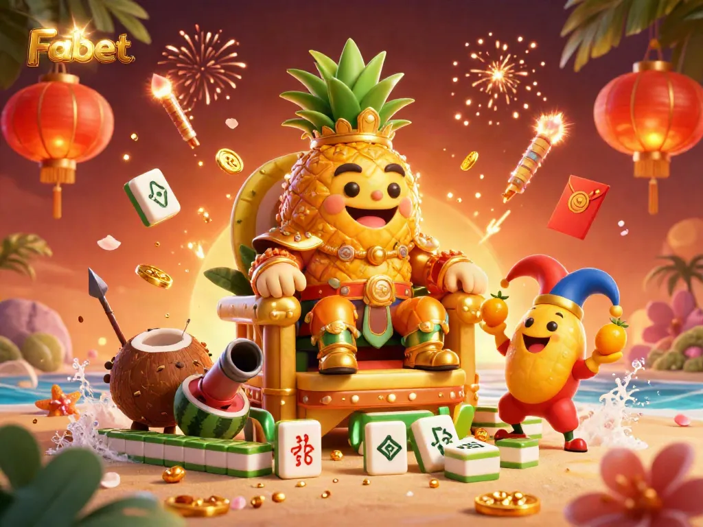 Experience vibrant casino action with Fabet's golden pineapple king and dynamic gaming elements in a dazzling 3D illustration.