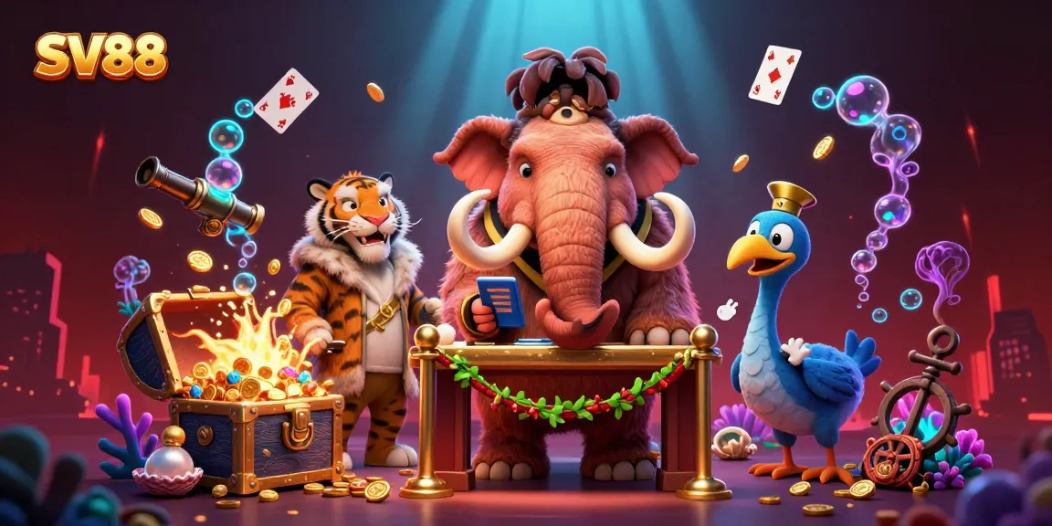 SV88 casino scene with a woolly mammoth bouncer and a saber-tooth guest enjoying vibrant underwater treasures.