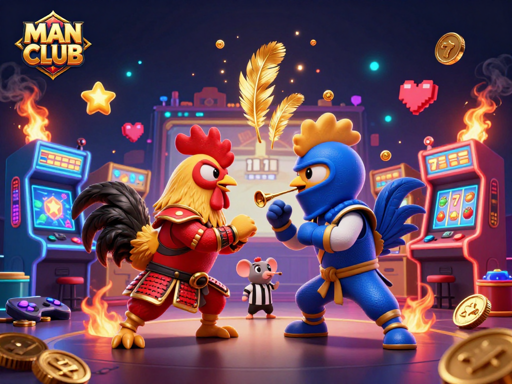 MAN CLUB showcases dynamic cockfight scene with roosters, arcade elements, and casino themes.