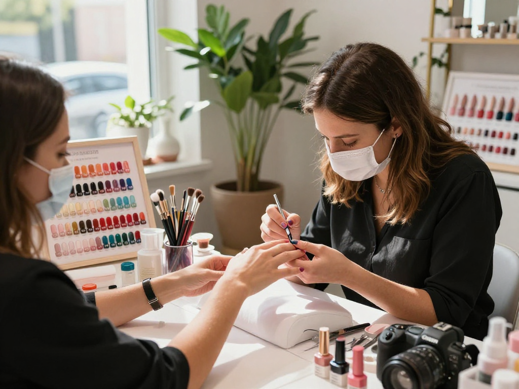 İzmir protez tırnak uygulaması yapan manikür uzmanı, renkli oje seçenekleriyle modern bir nail salonu atmosferinde çalışıyor.