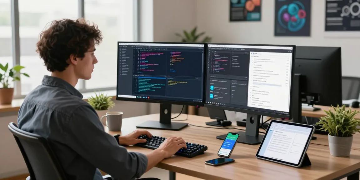 Workstation showcasing cika4d software development with vibrant codes and tech tools.