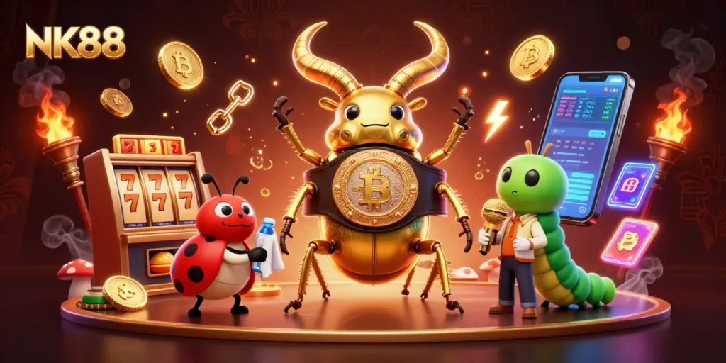 Spin slots with NK88 in a vibrant, action-packed casino scene featuring beetles and crypto coins.