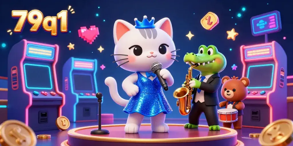 Experience thrilling gameplay with characters from 79q1 casino, including a jazz-singer cat, a saxophone crocodile, and a drum-playing bear.