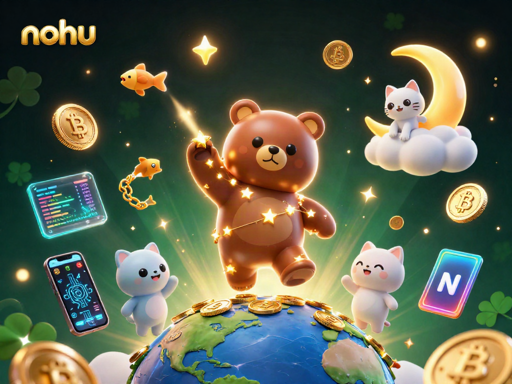 Nohu shines as the constellation bear scoops coins in a vibrant crypto casino scene.