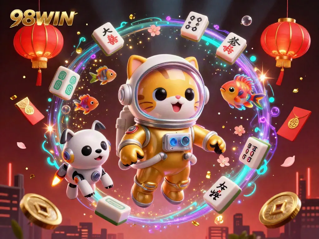 Experience thrilling gaming at 98WIN with a detailed scene of a golden astronaut cat and dynamic casino elements.