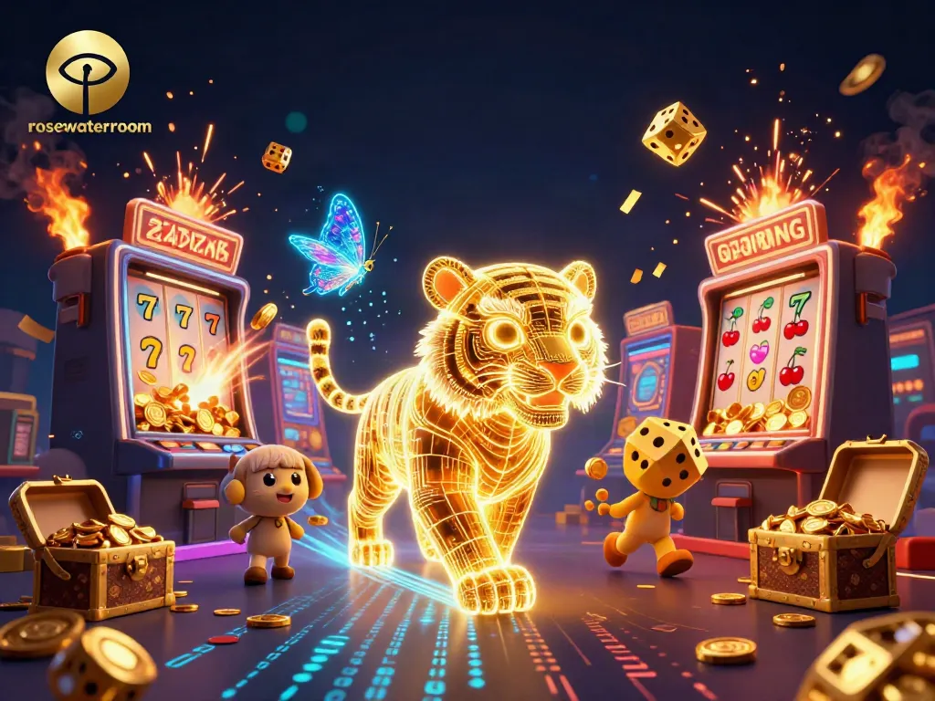 Experience the vibrant world of rosewaterroom with a golden tiger, jackpot slots, and casino elements.