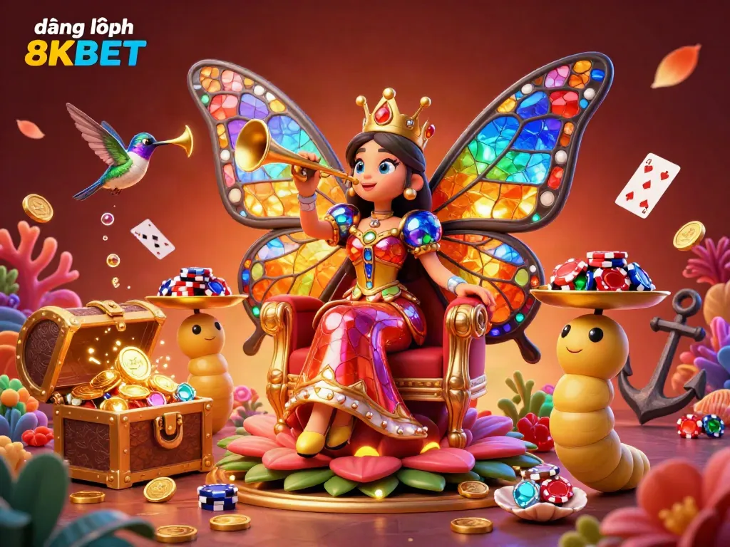 Engage in the vibrant world of đăng nhập 8KBET with this colorful 3D casino illustration featuring a butterfly queen and playful casino elements.