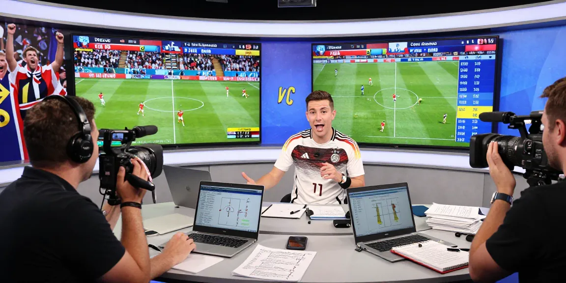 The Fappening sports analysis scene during Germany vs Curaçao match with live scores and journalist.