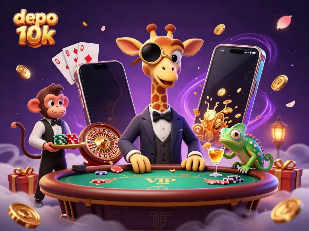 Engage with the thrill of depo 10k gaming alongside a high-roller giraffe and vibrant casino elements.