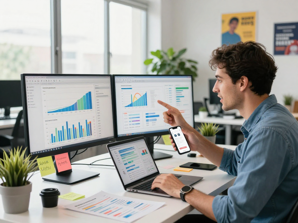 Buy app downloads analysis in a vibrant workspace with dual monitors and app metrics.