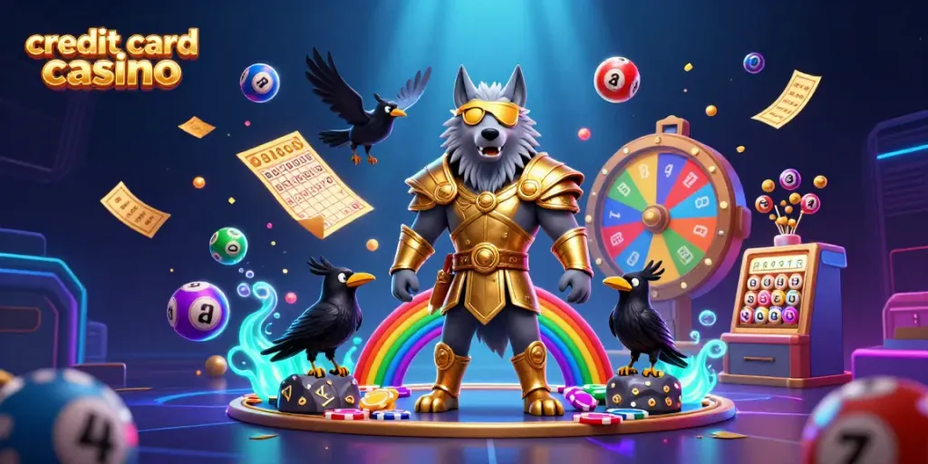 Engage with a vibrant scene of a credit card casino featuring mythical characters and game elements.