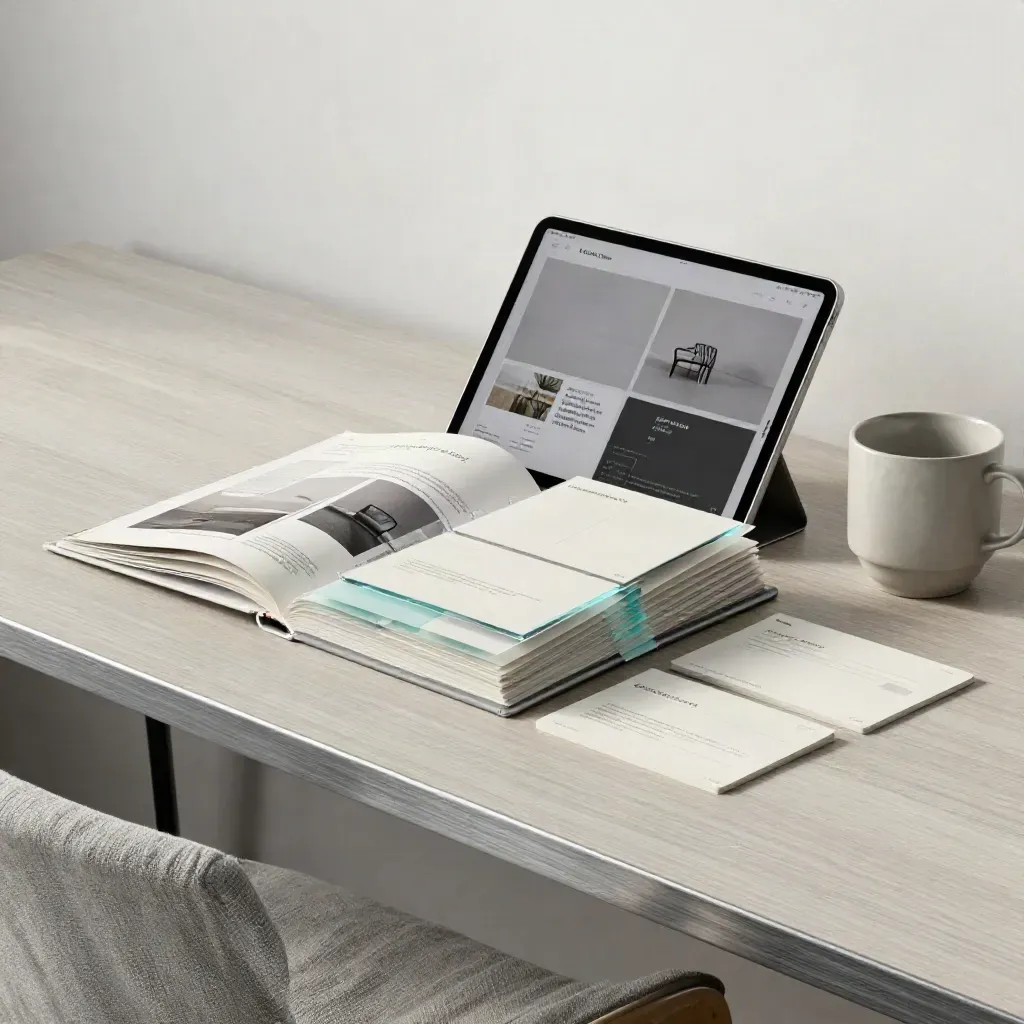 Tablet, page-flow cards, and ceramic cup in a bright web studio with late morning light.