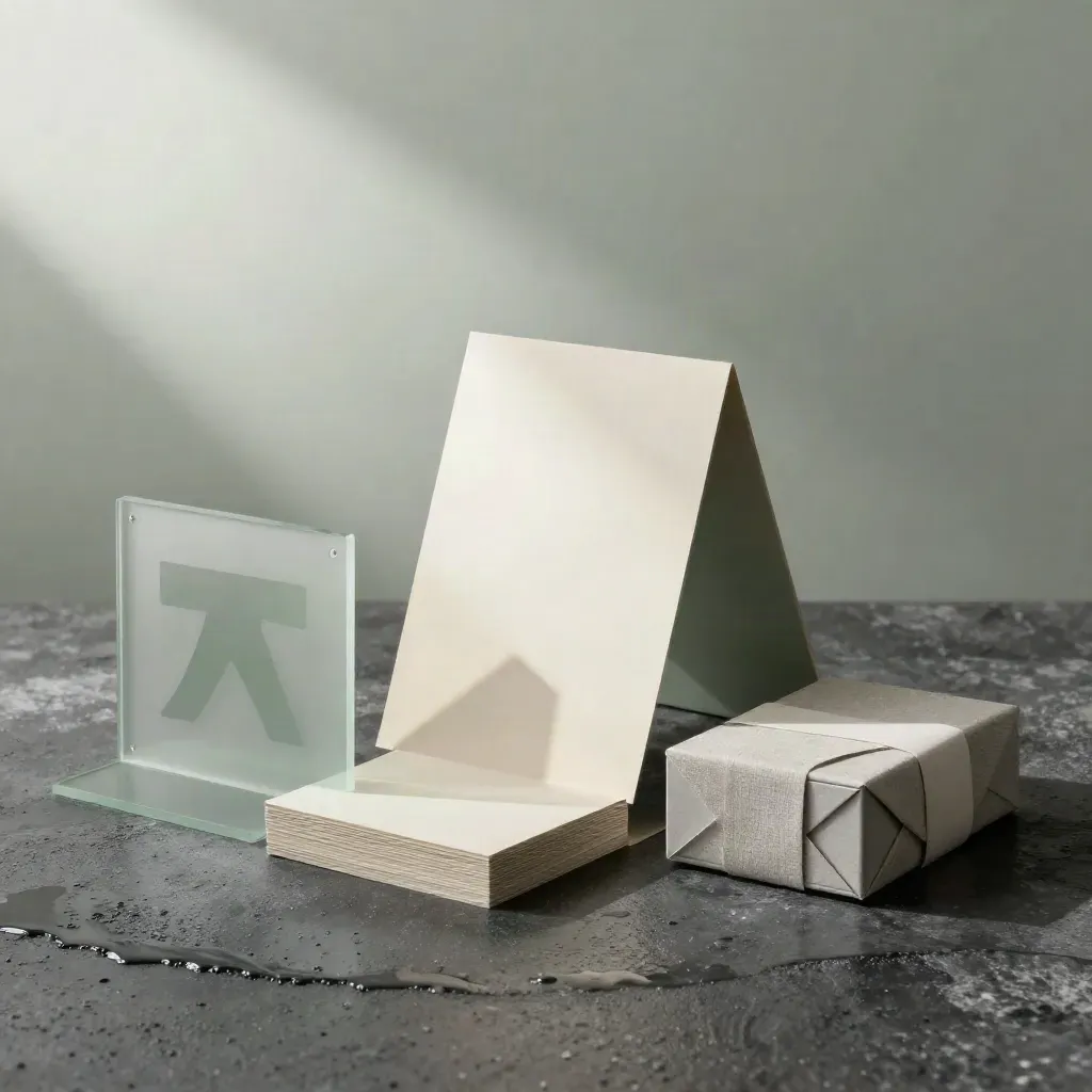 Rain-dark identity launch spread with acrylic logo tile, paper stack, board, and sample box in soft morning light