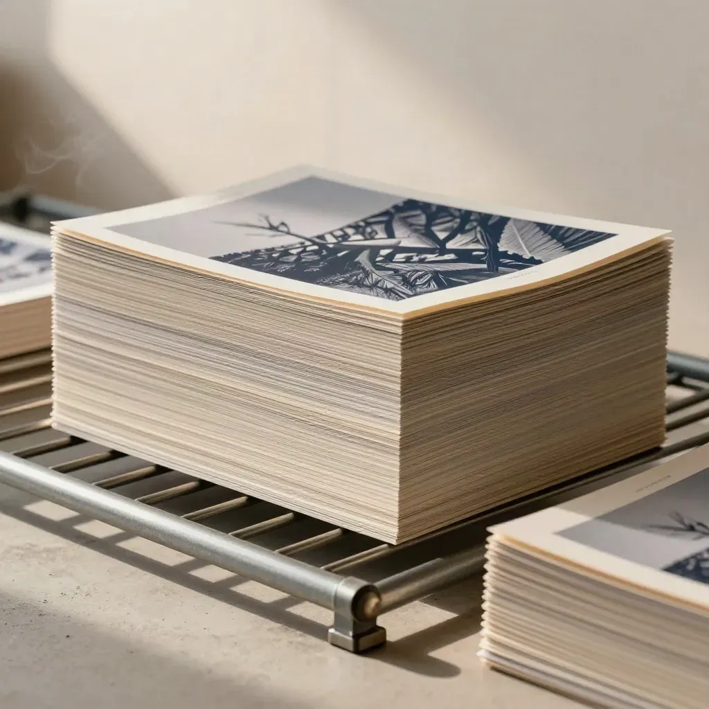Print proofs and folded cards settling beside a drying rack in a print studio