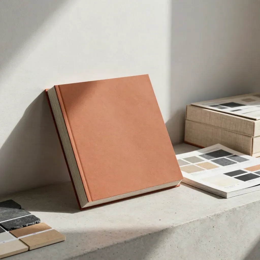 Open brand guide with swatches, linen sample box, and face-down type sheets in cinematic light.