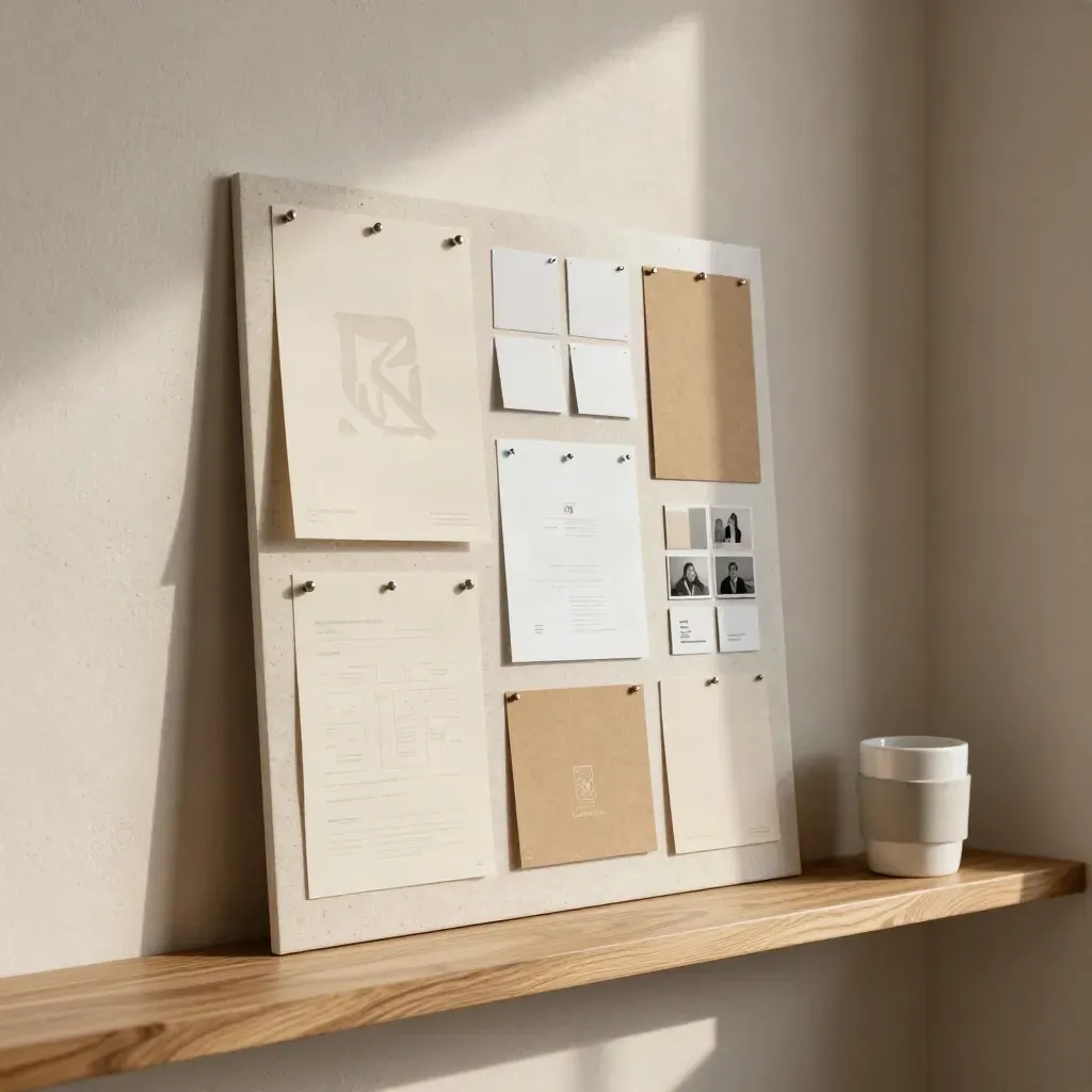 Café brand rollout pinned on a studio wall with swatches and mockup tiles in warm afternoon light.