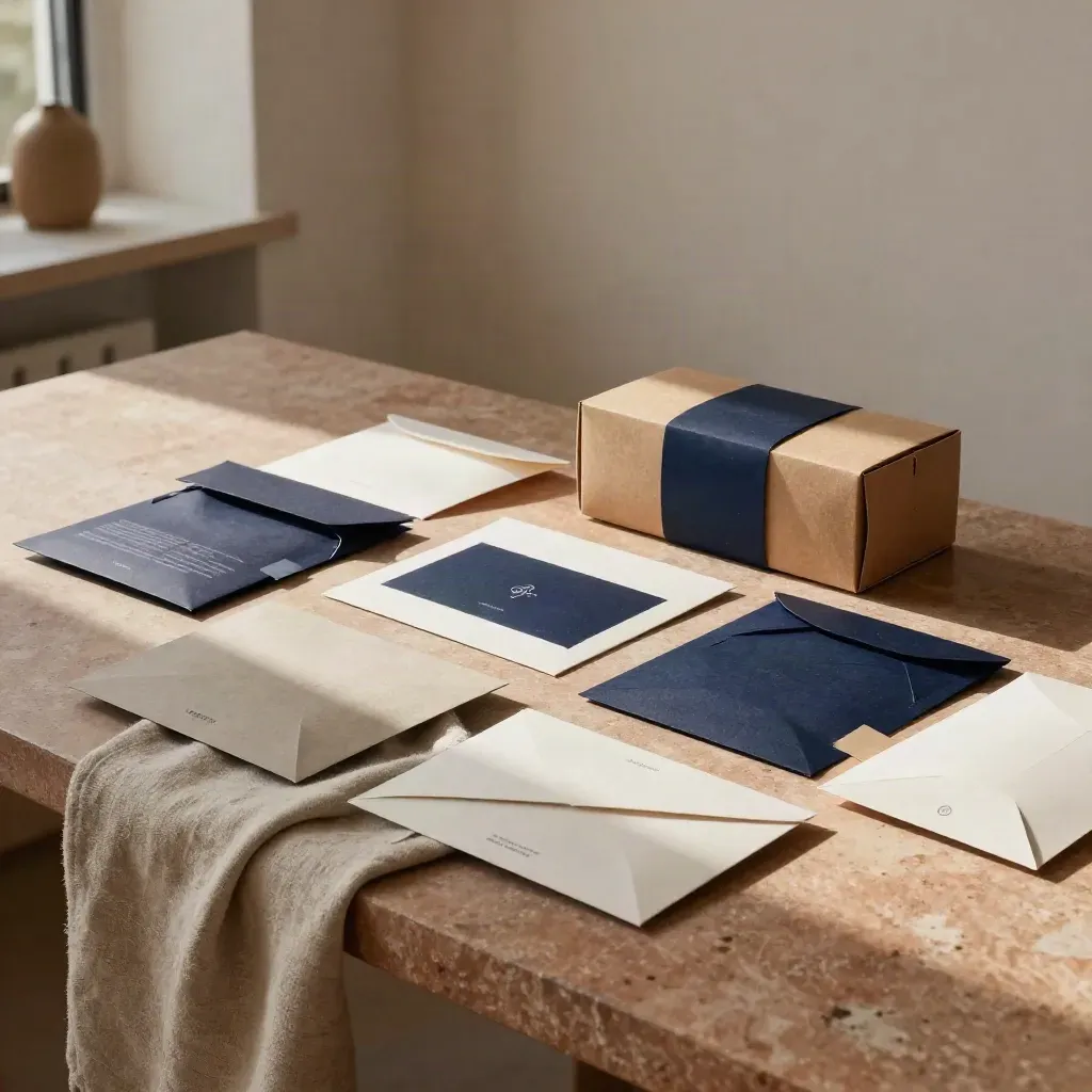 Packaging mockups, label wraps, and mailers on a terracotta stone table with linen cloth
