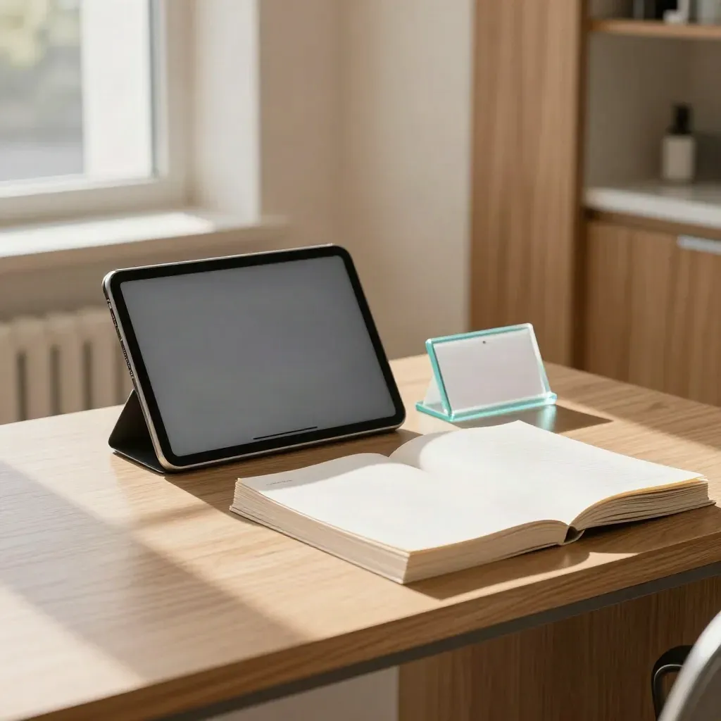 Clinic desk with tablet, contact holder, and face-down proofs in soft morning light.