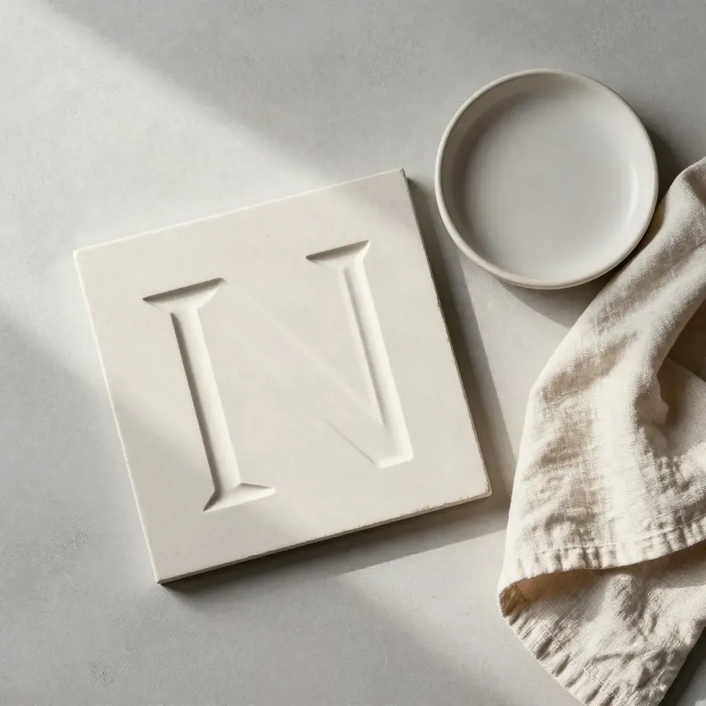 Overhead flatlay of an embossed monogram tile with a ceramic dish and folded linen on pale concrete.
