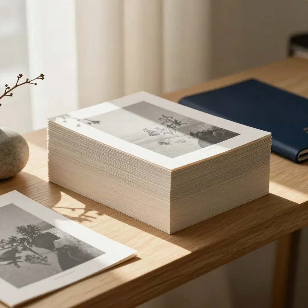 Sunlit print collateral stack with paperweight and branch on a warm studio ledge.
