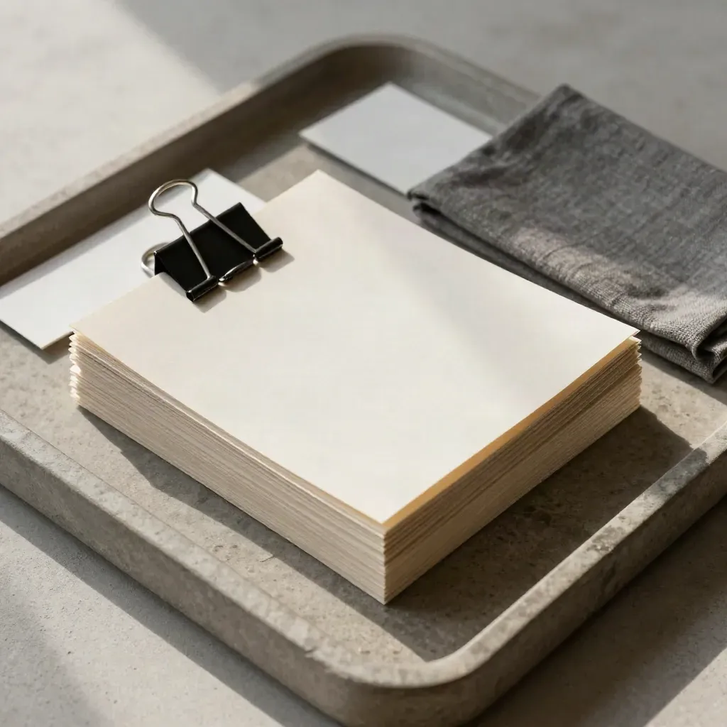 Folded print proofs with binder clip on a stone tray in soft daylight