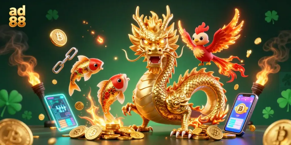 Experience the excitement of ad 88 with a golden dragon, phoenix, and koi fish amidst floating crypto coins.