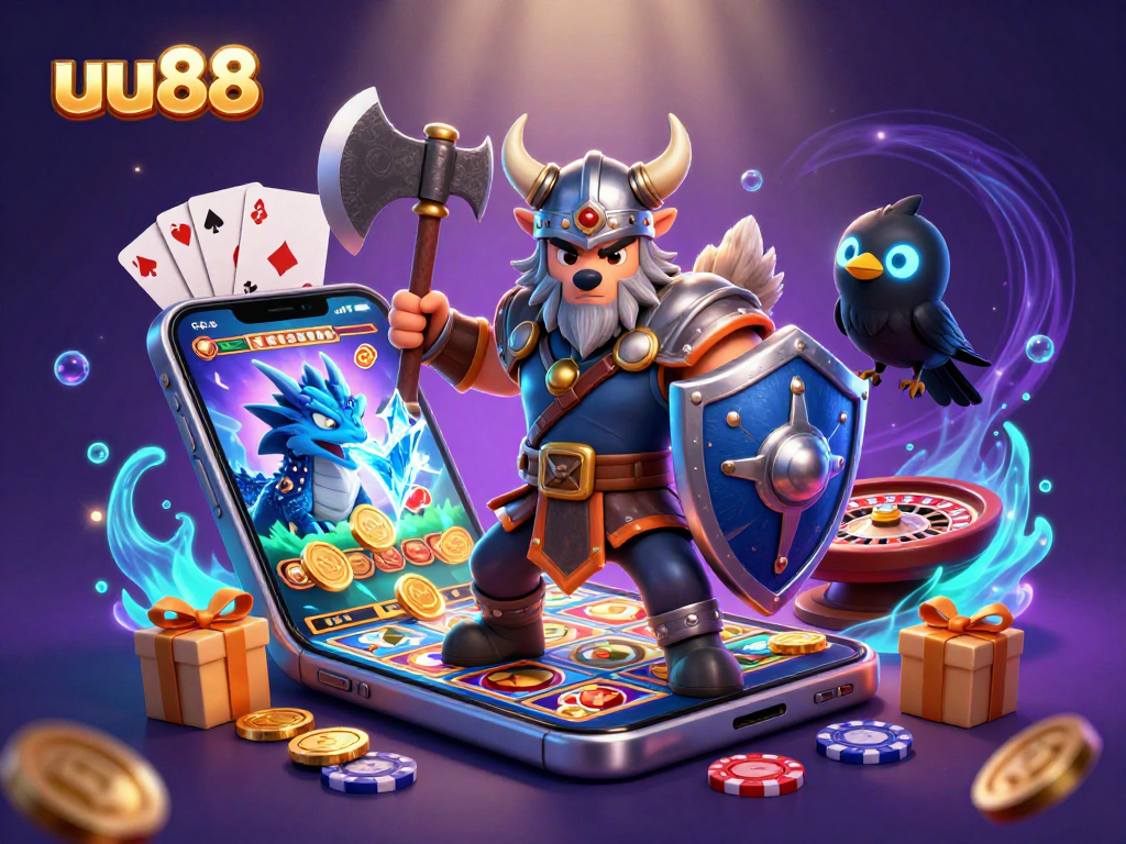 Engage in thrilling wins at uu88 with a Viking warrior, dragon, and dynamic casino games!