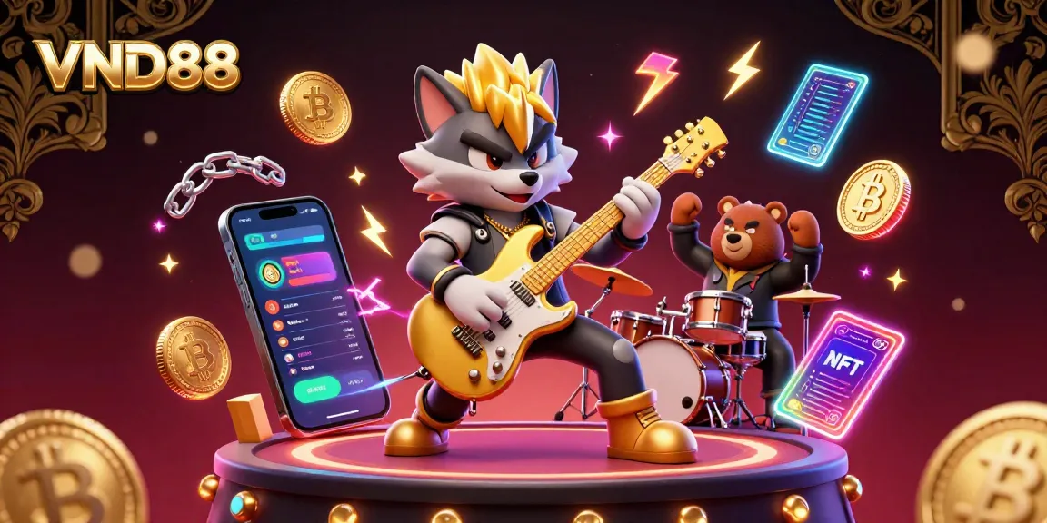 Experience the excitement of VND88 with vibrant casino scenes featuring crypto elements and lively characters.
