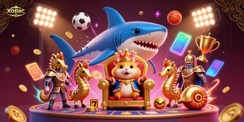 Xoilac promotes thrilling casino fun with the hamster king in a decorated throne surrounded by vibrant gaming elements.