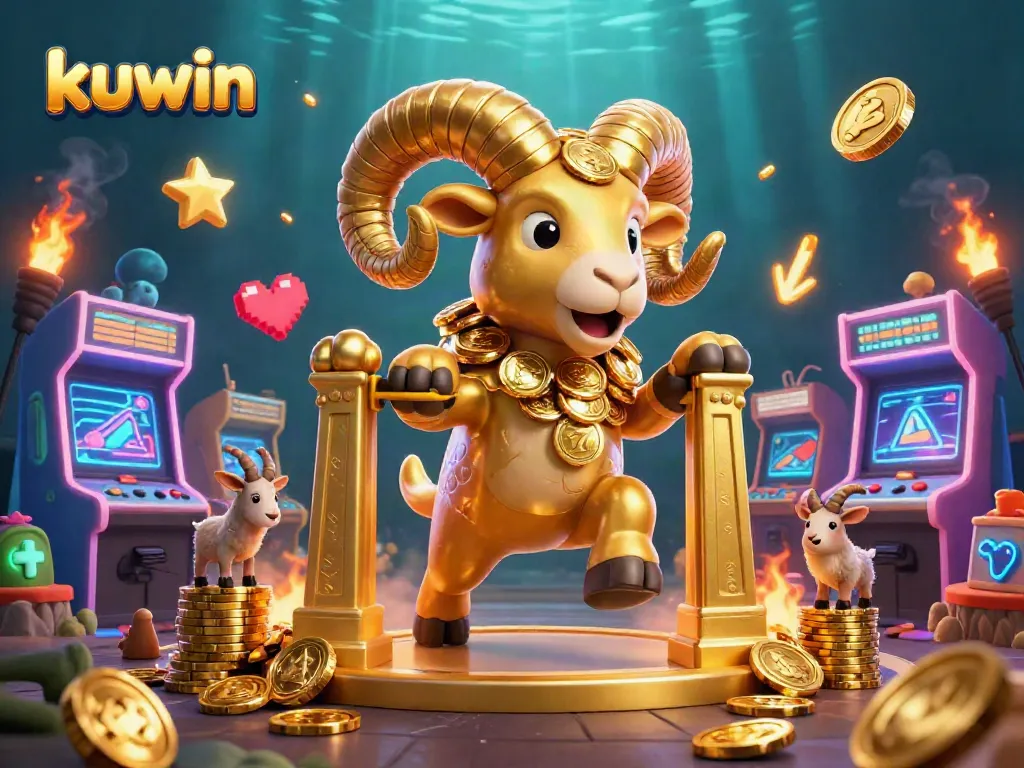 Kuwin gaming scene showcasing a golden ram charging towards success with dynamic casino elements.