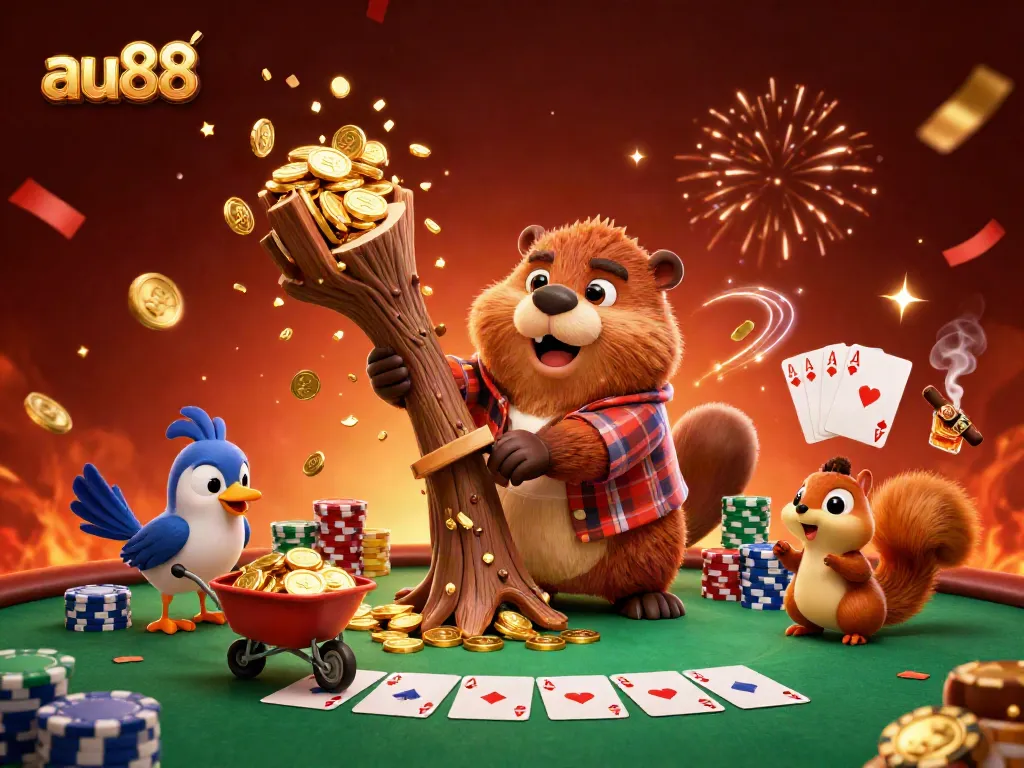 Join the fun at au88 with cartoon characters celebrating gambling victories amidst golden coins and poker chips.