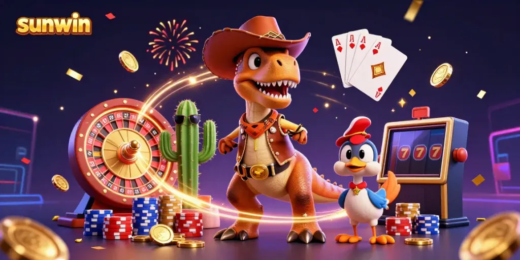 Experience the thrill of sunwin with this vibrant 3D casino scene featuring animated characters and dynamic game elements.