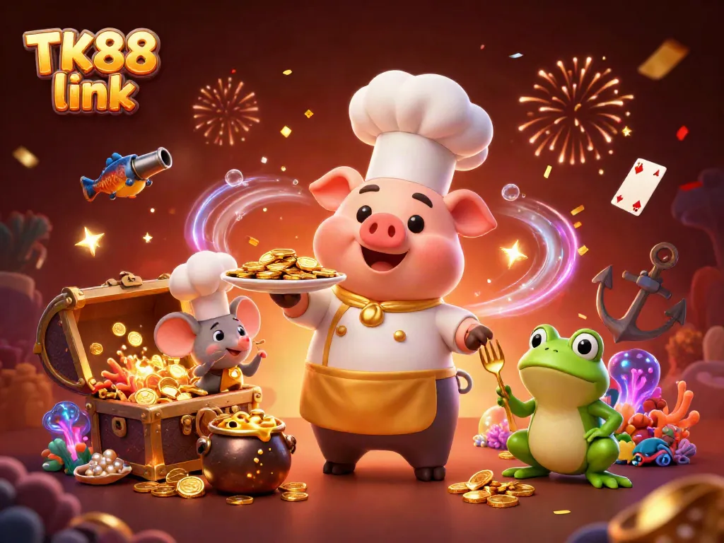 Enjoy gaming excitement with the TK88 link amidst a vibrant casino atmosphere featuring gold coins and festive elements.