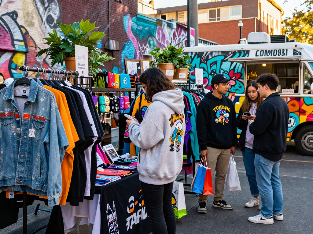 Youth in vibrant streetwear explores unique rokok88 merchandise in an urban shopping scene.