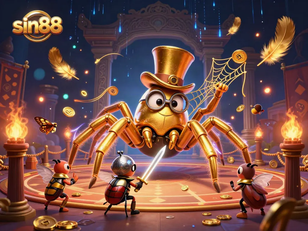 Experience the excitement of sin88 as a golden tarantula weaves a dazzling web in a vibrant casino setting.