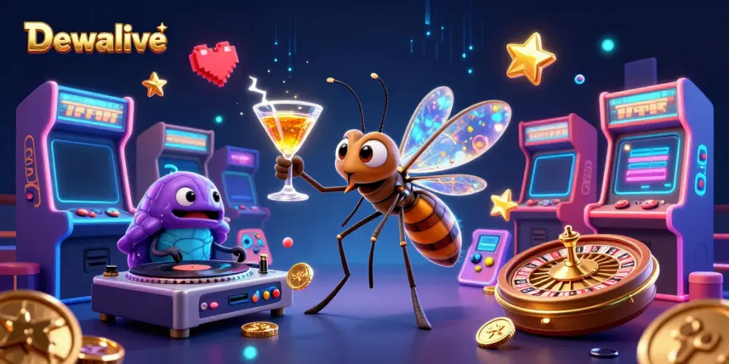 Dewalive showcases a lively casino scene with a mascot, DJ, and roulette wheel amid vibrant arcade elements.