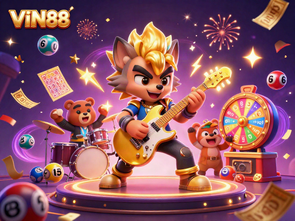 Experience the excitement of VIN88 with a vibrant casino scene alive with music and games.
