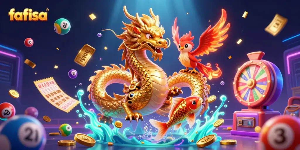 Experience the thrill of fafifa with a mesmerizing dragon and phoenix amidst vibrant casino elements.