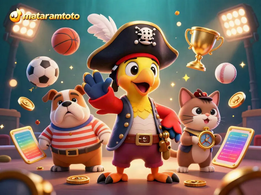 Engage with mataramtoto's thrilling casino adventure featuring a pirate captain, bulldog, and ship's cat amidst epic sports elements.