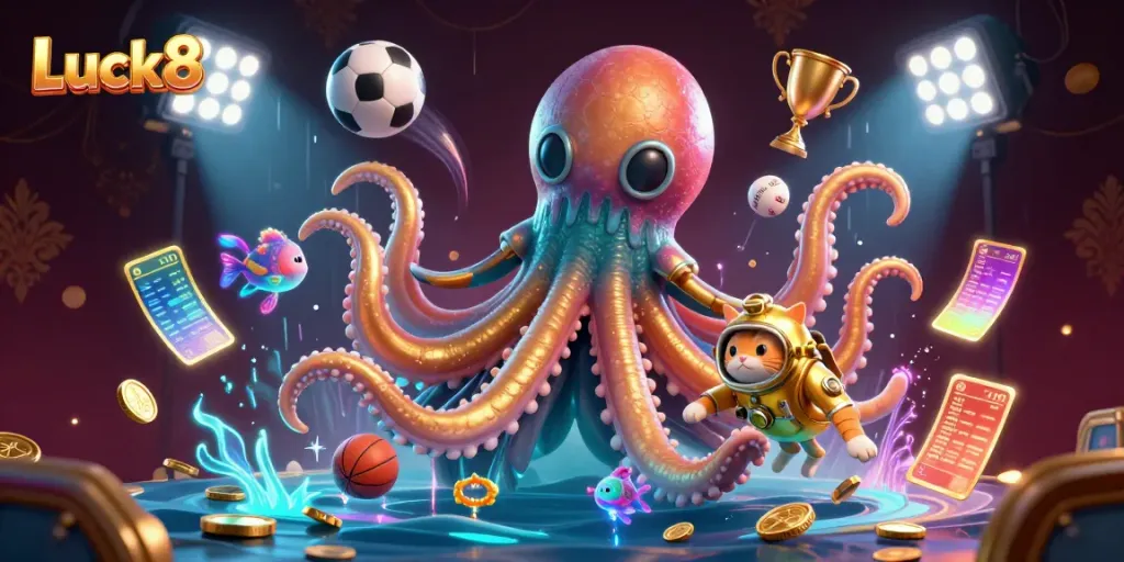 Experience the excitement of Luck8's online casino with playful kraken, diving cat, and vibrant sports elements.