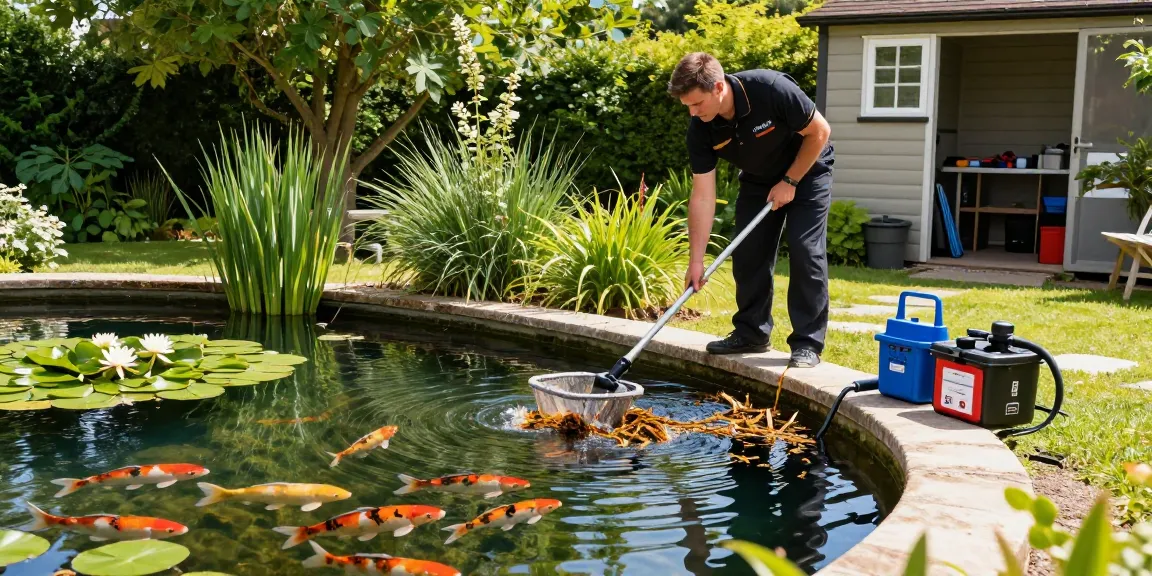 Pond Cleaning Essex: Expert technician maintaining a healthy backyard pond with clear water and vibrant lilies.