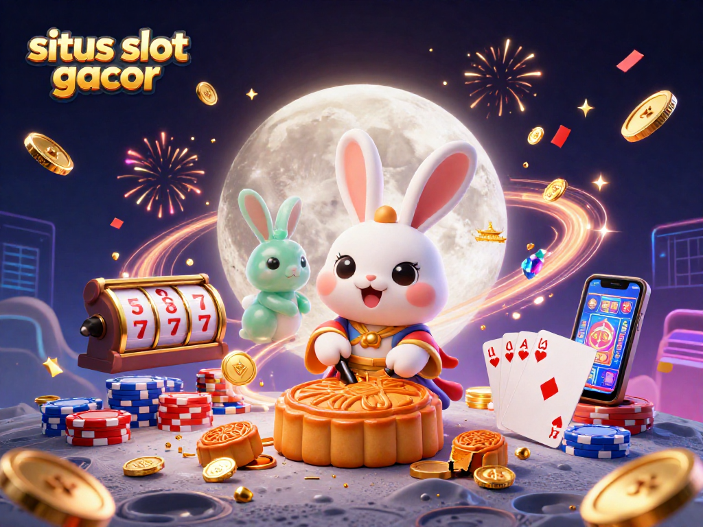 Situs slot gacor features a lively 3D illustration with characters revealing poker chips, adorned with casino elements.
