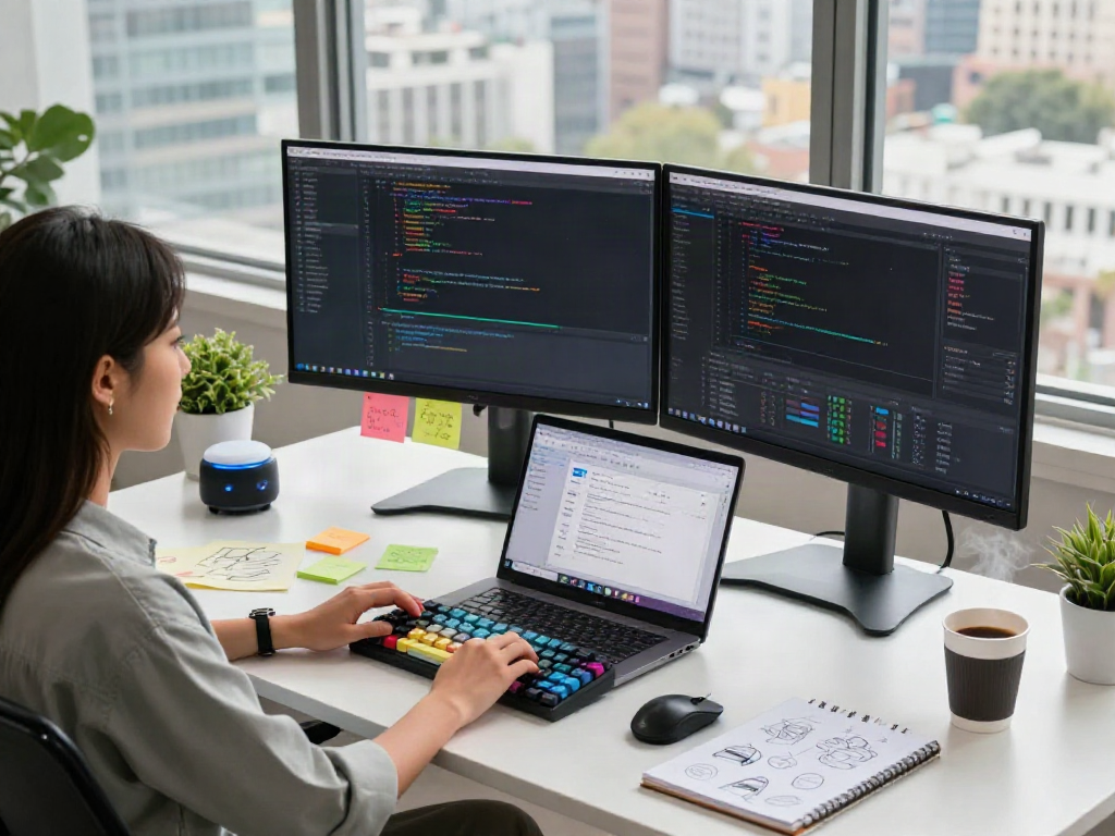 Workspace pengembangan perangkat lunak dengan fokus pada 快连 menggunakan teknologi modern dan suasana profesional.