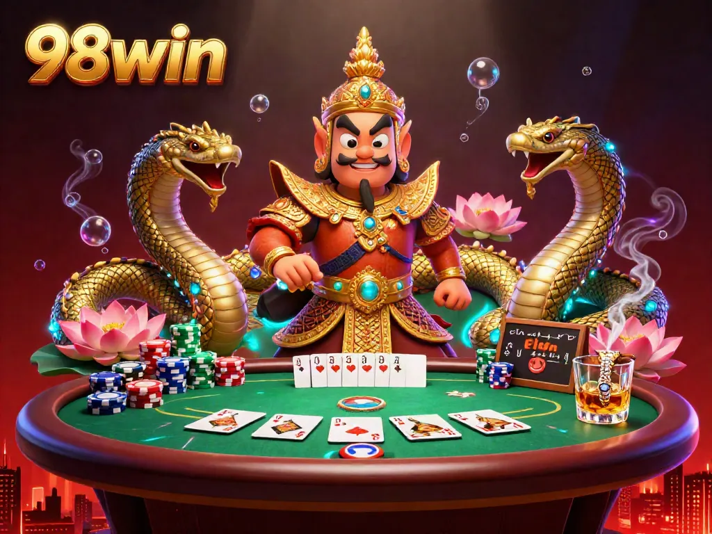 Experience thrilling poker moments with a unique 98win illustration featuring vibrant Thai motifs, engaging characters, and dynamic game elements.