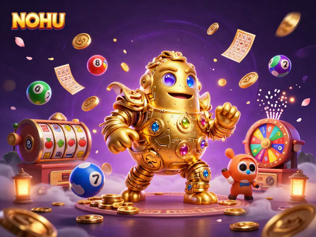 Engage with NOHU's vibrant gaming scene featuring a golden golem surrounded by dynamic slots, jackpots, and prizes.